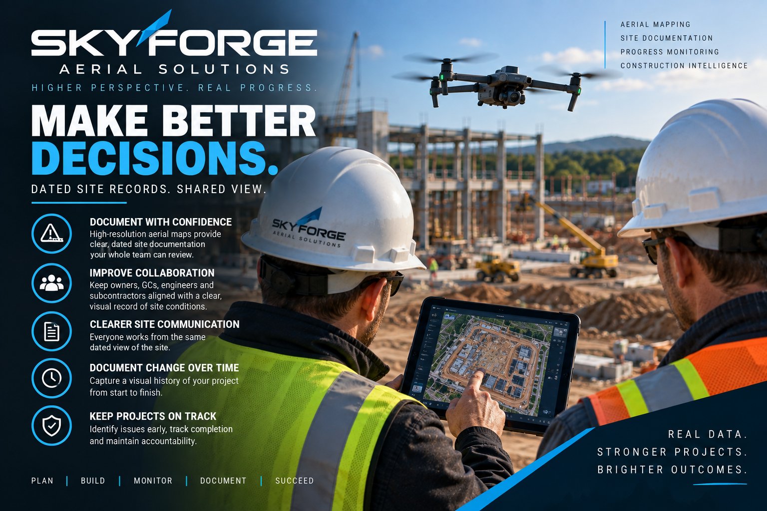 SkyForge graphic of two construction team members reviewing an aerial site map on a tablet