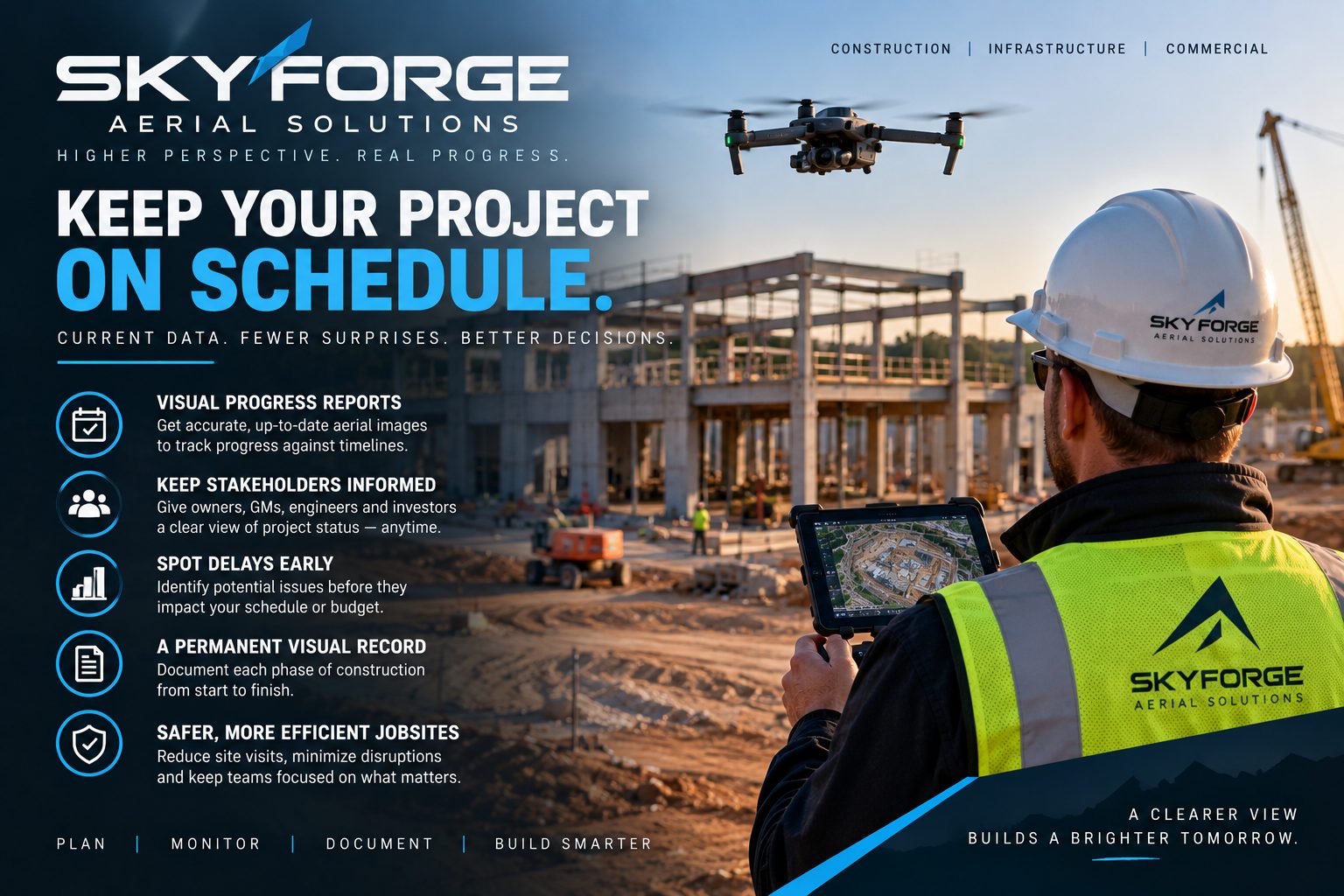 SkyForge graphic showing aerial site documentation used to keep construction projects on schedule